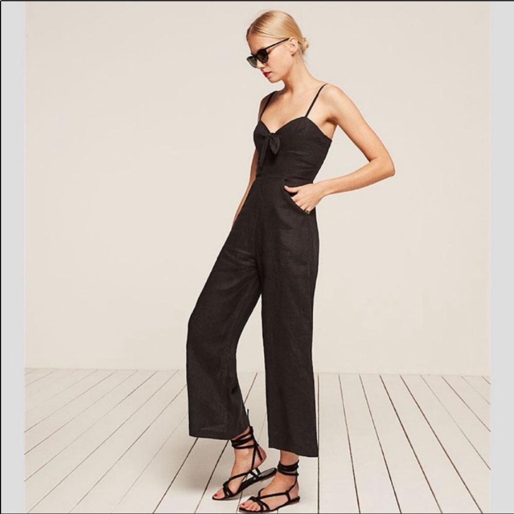Reformation Black V-Neck Linen Jumpsuit
